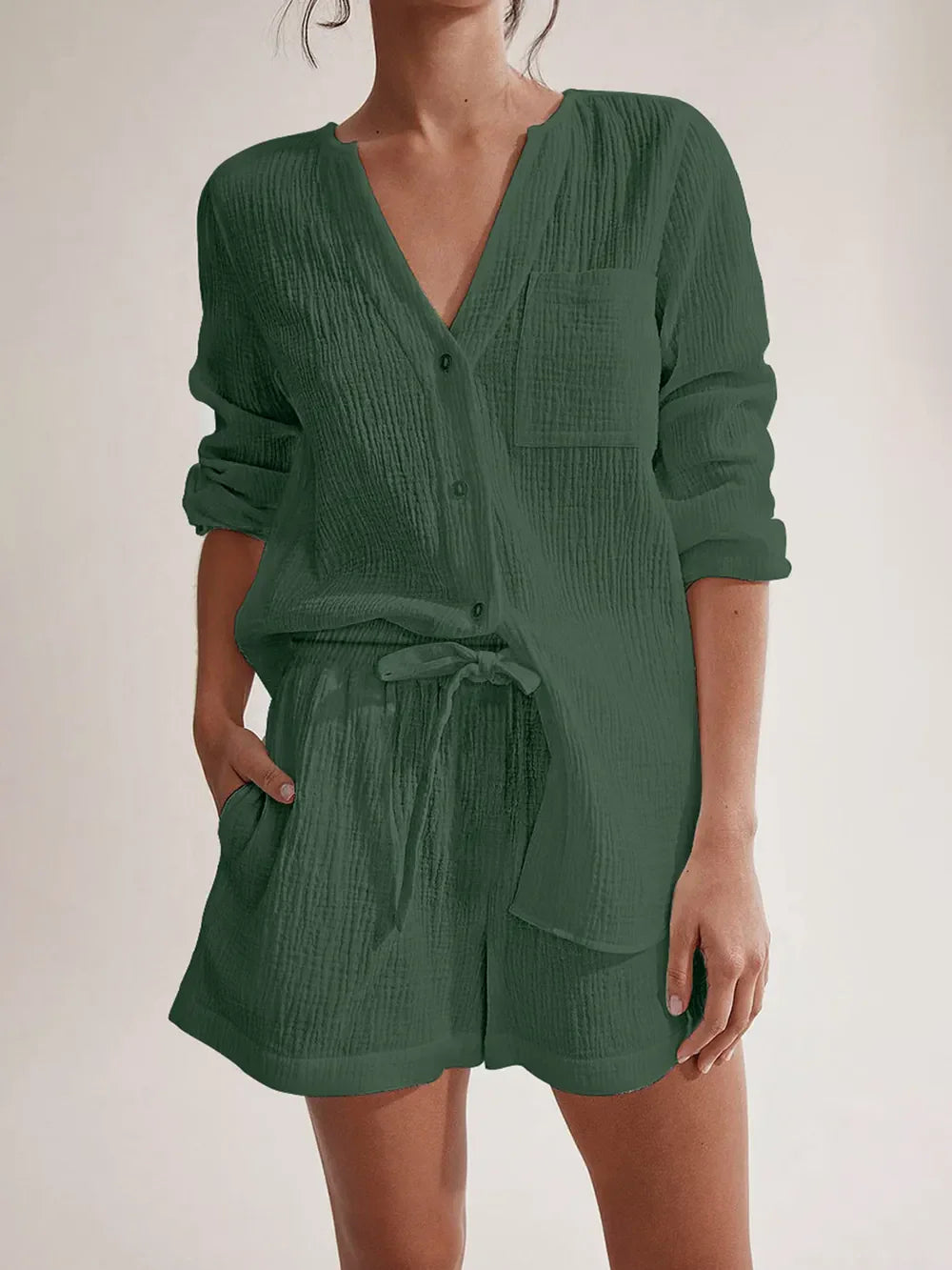 Notched Long Sleeve Top and Shorts Set Dark Green / S