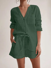 Notched Long Sleeve Top and Shorts Set Dark Green / S