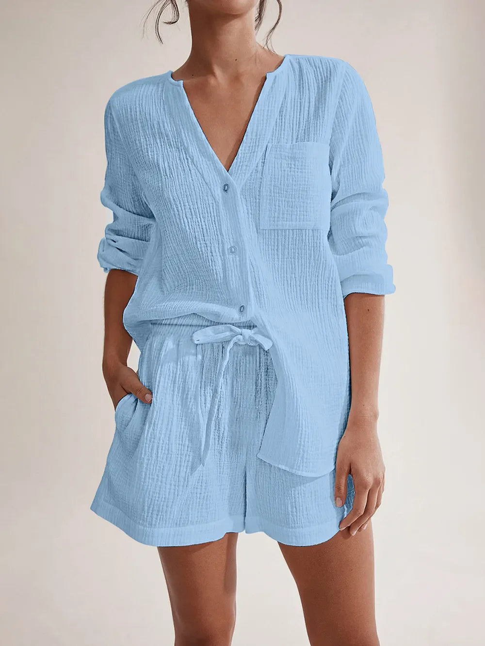 Notched Long Sleeve Top and Shorts Set Light Blue / S