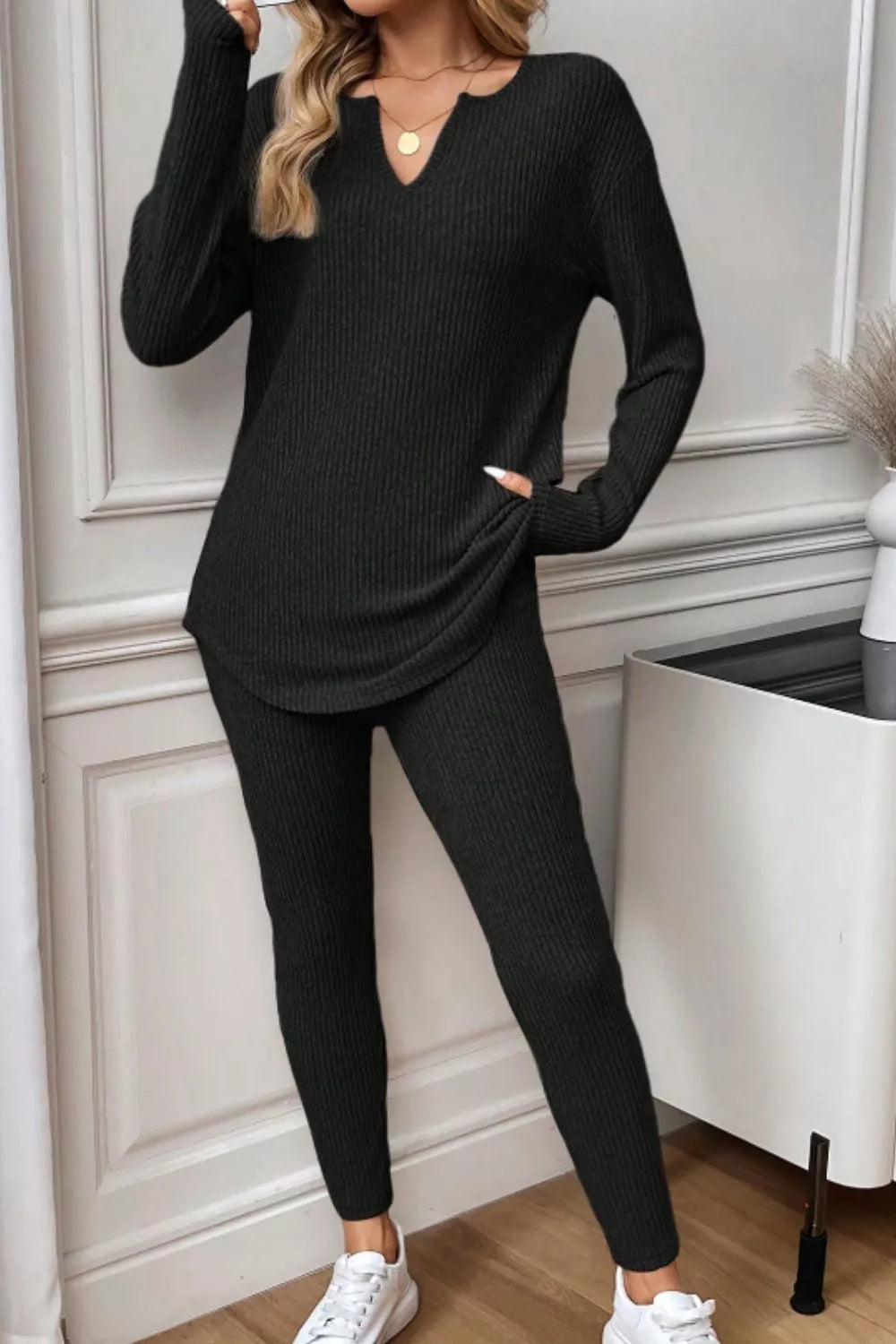 Notched Long Sleeve Top & Pants Set Black / S
