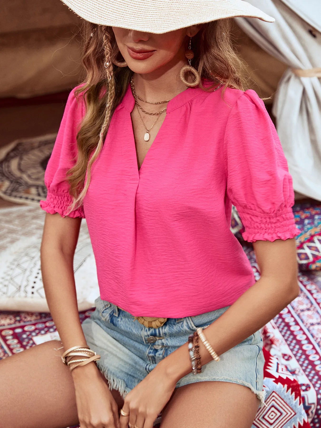 Notched Puff Sleeve Blouse