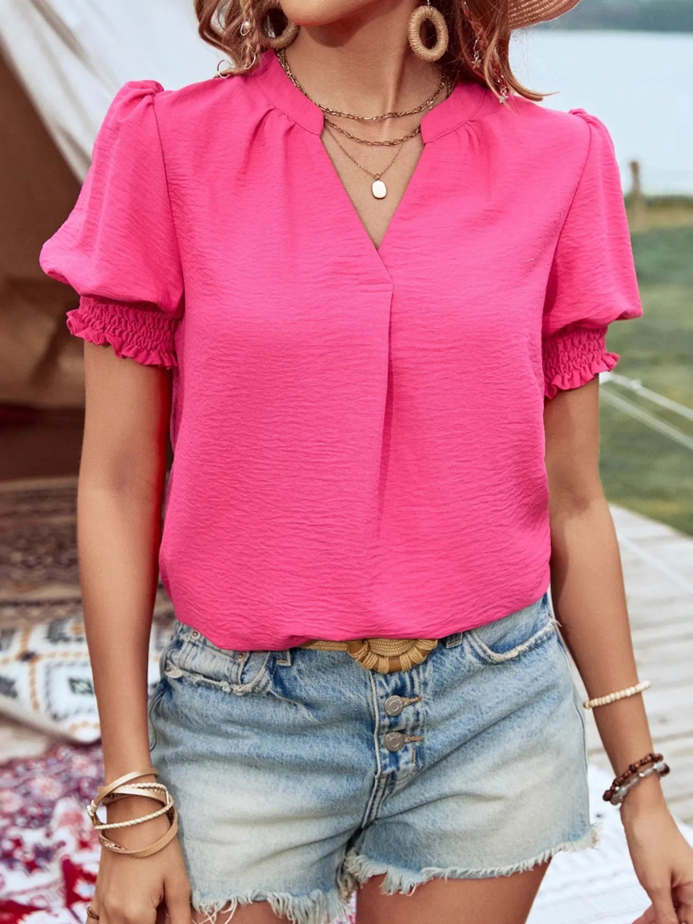 Notched Puff Sleeve Blouse