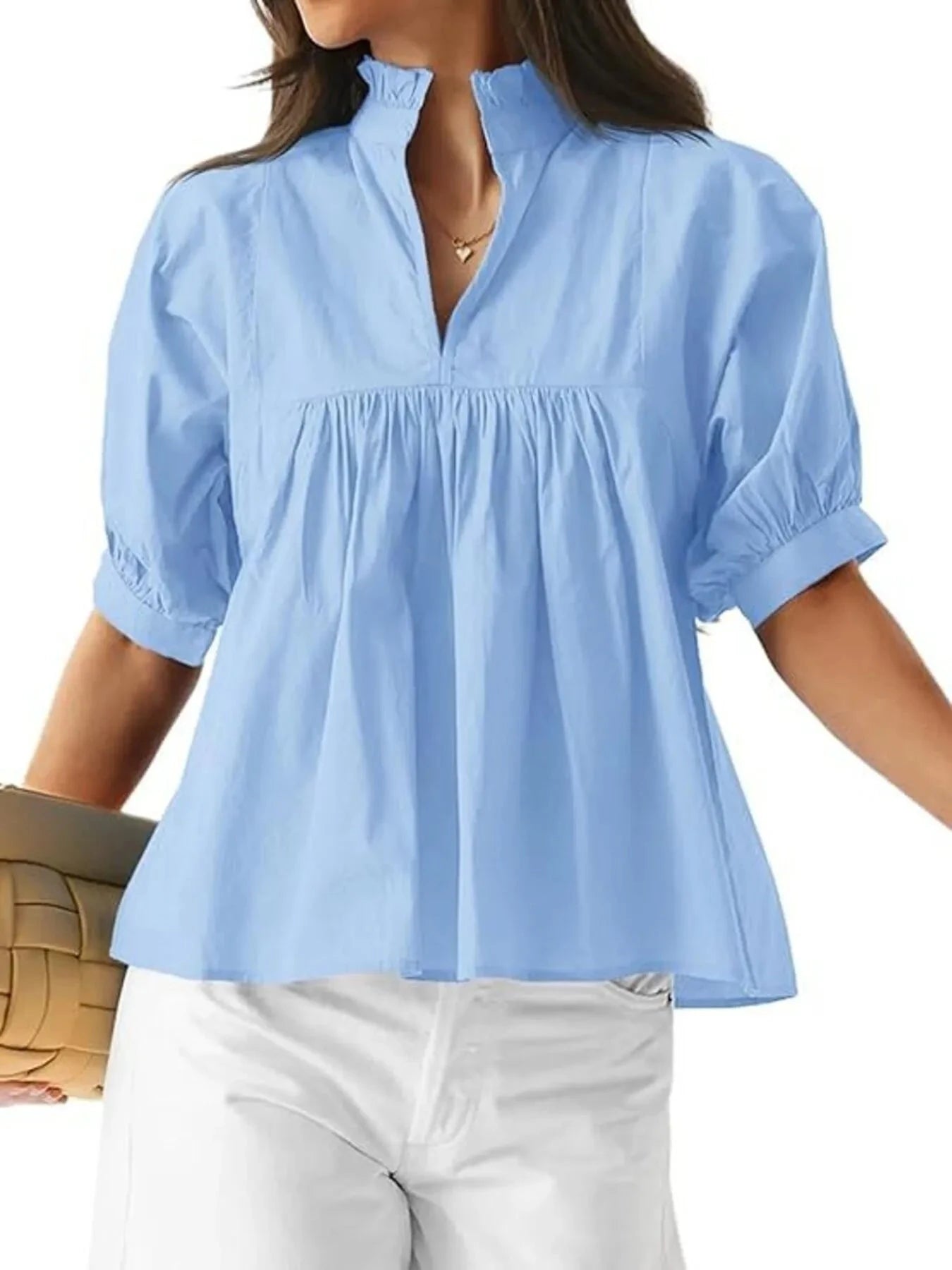 Notched Puff Sleeve Blouse Light Blue / S