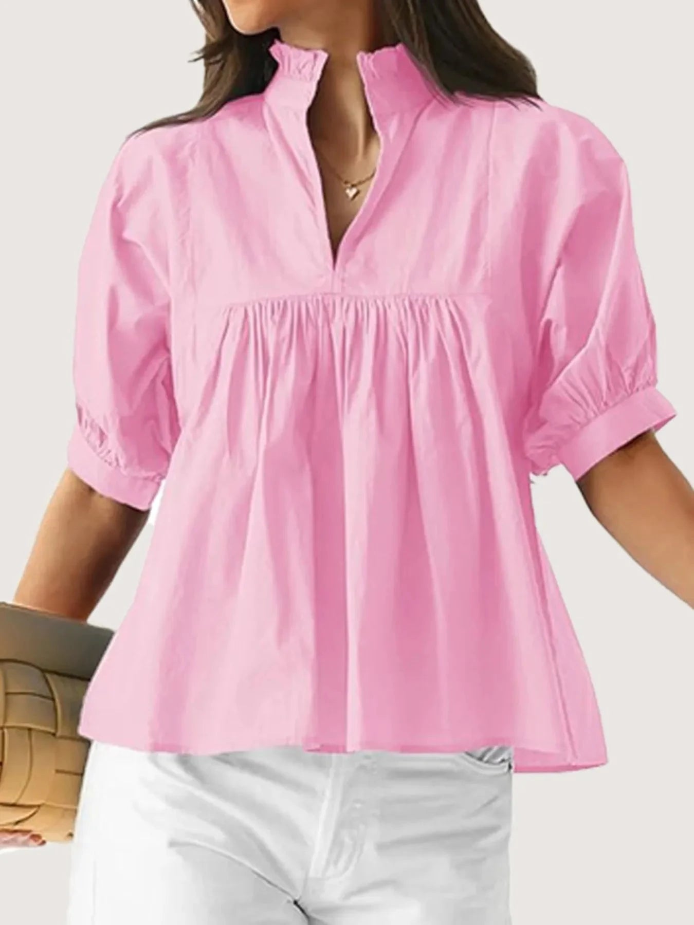 Notched Puff Sleeve Blouse Pink / S