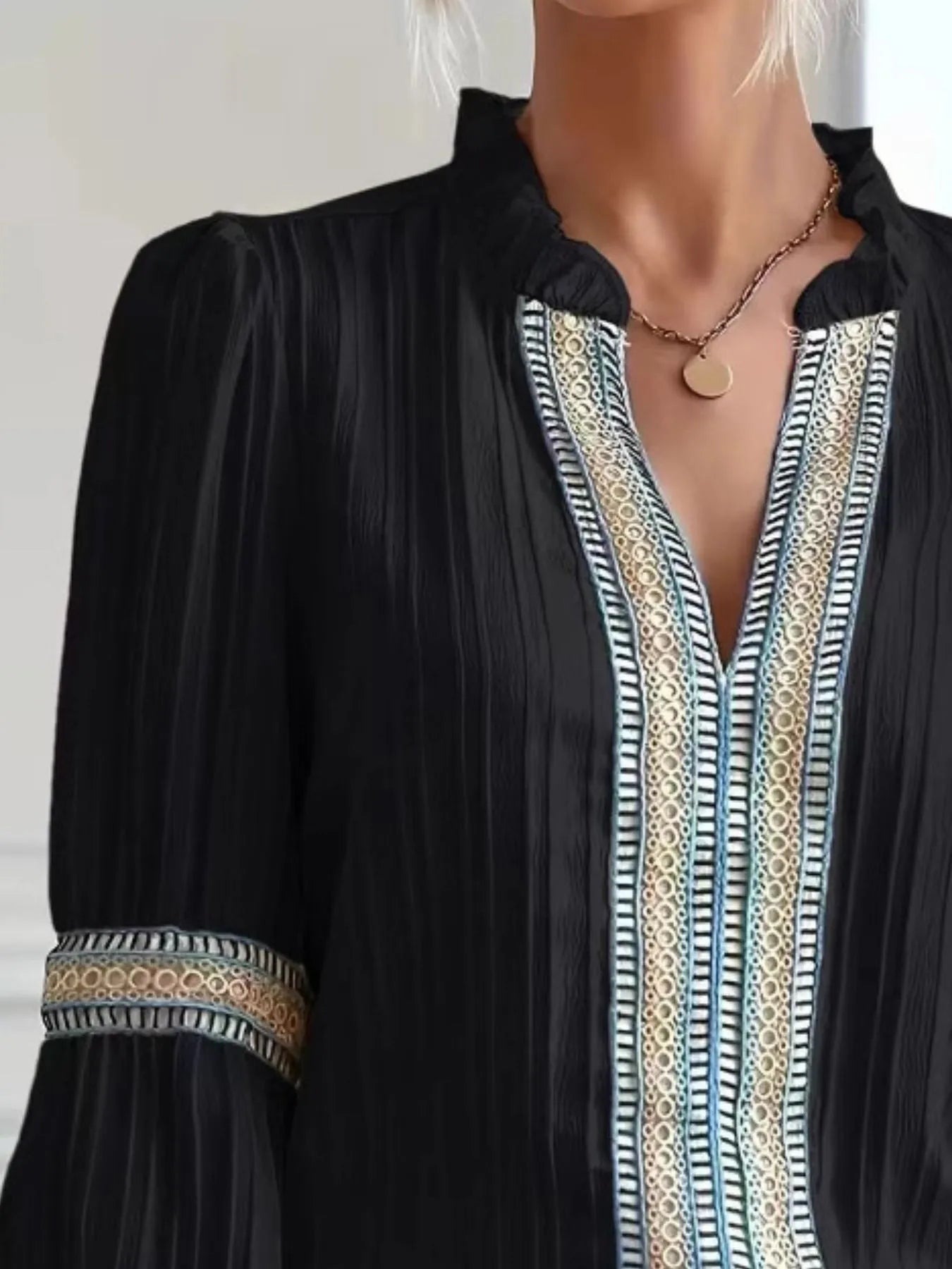 Notched Textured Balloon Sleeve Blouse
