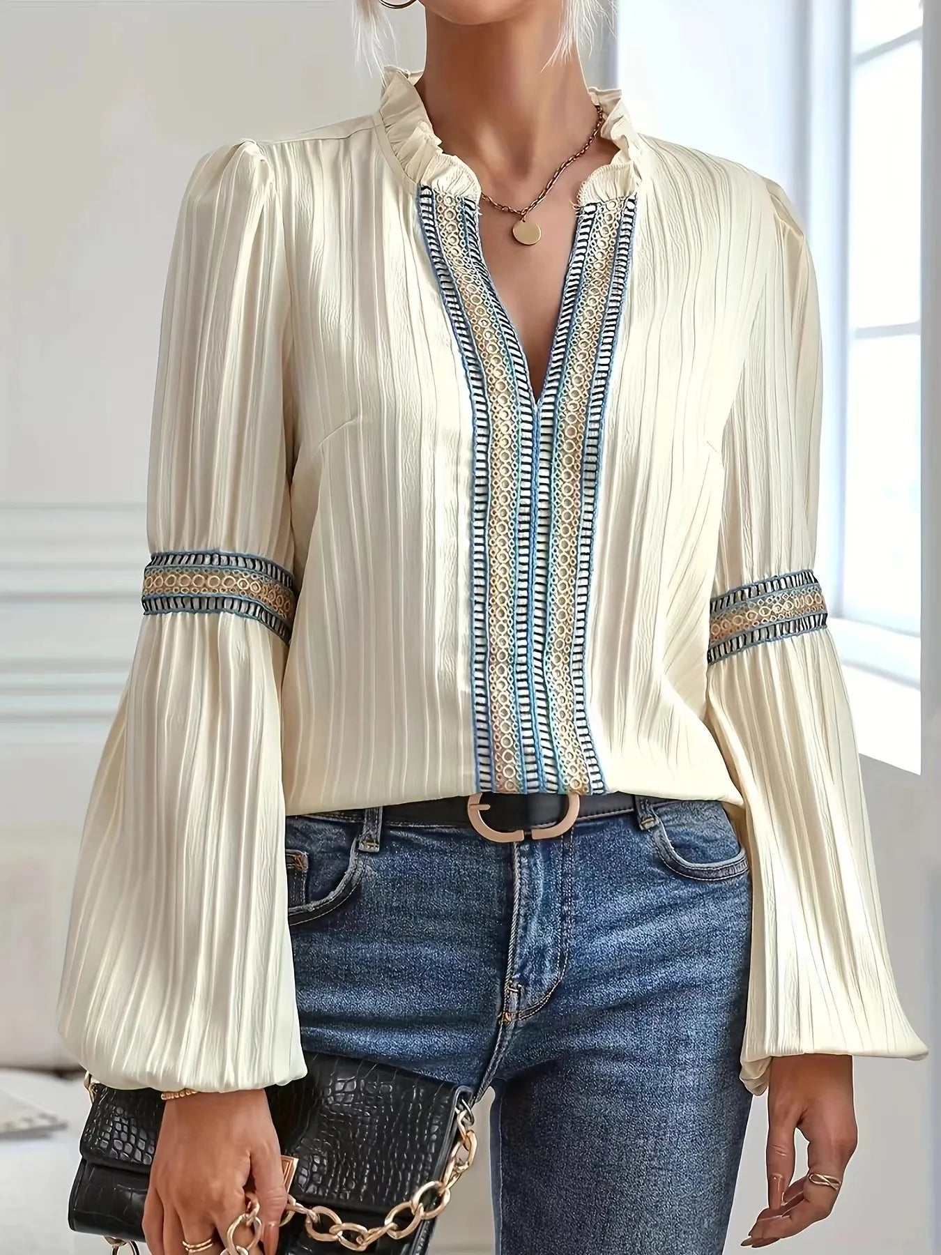 Notched Textured Balloon Sleeve Blouse