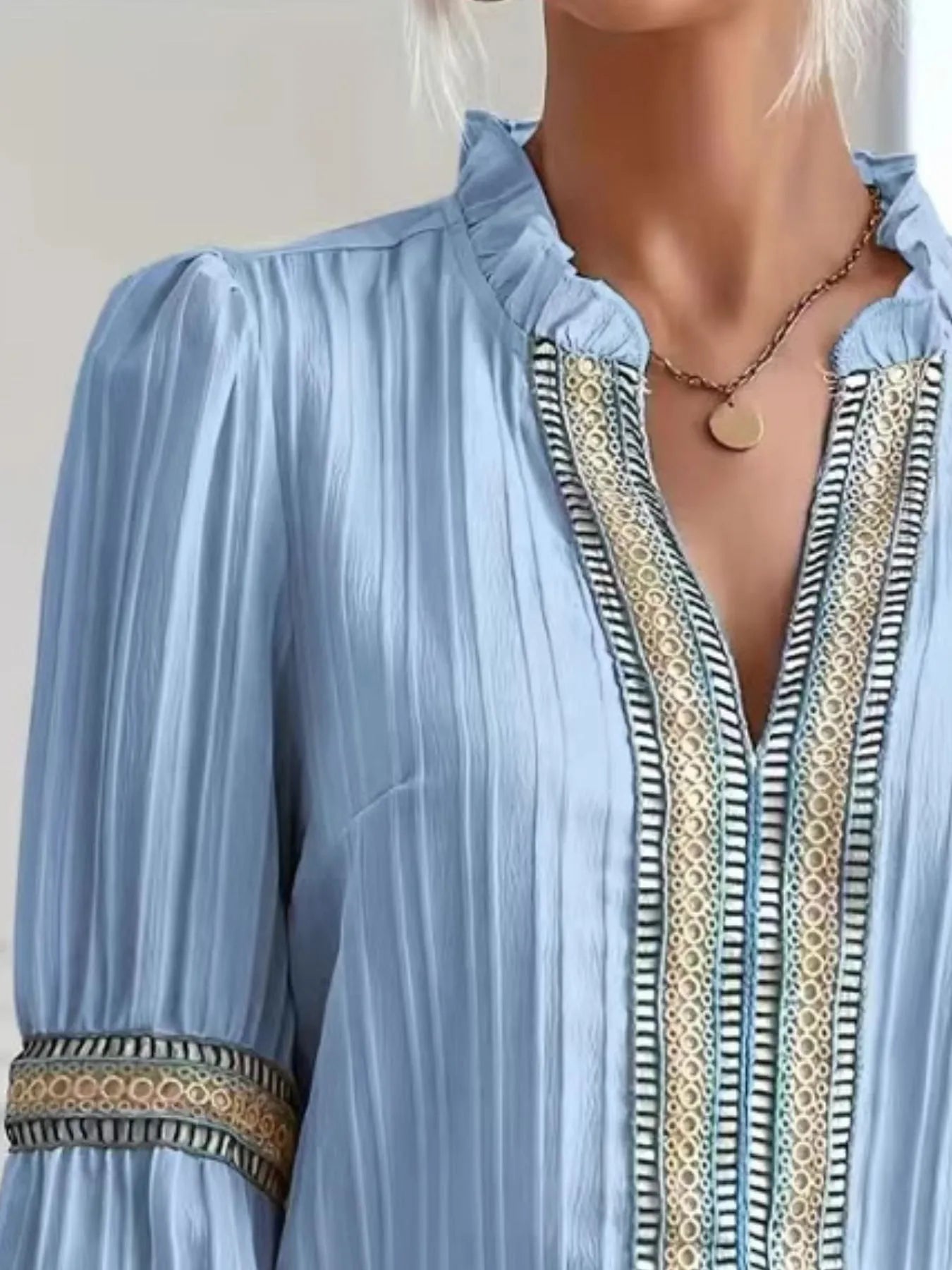 Notched Textured Balloon Sleeve Blouse