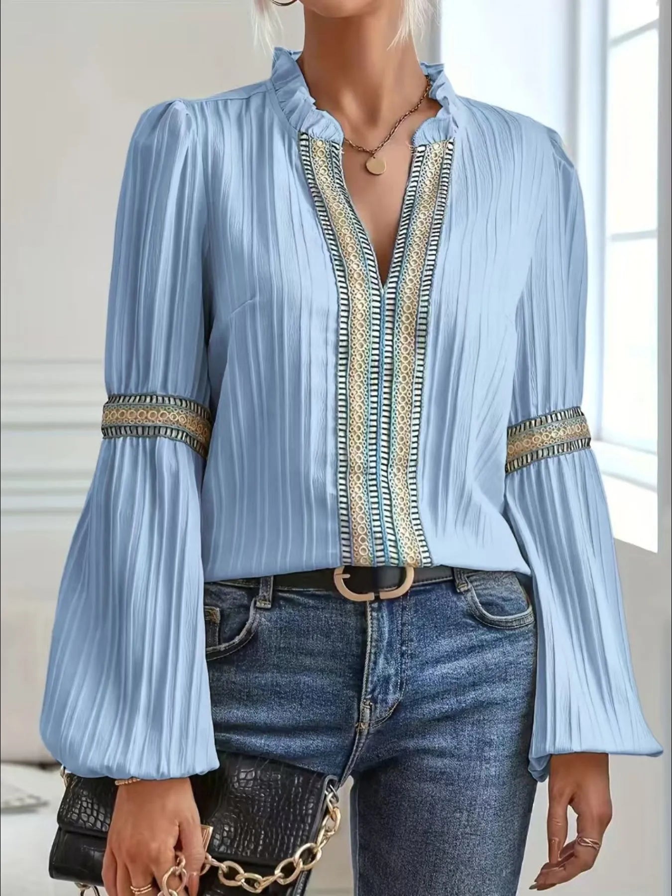 Notched Textured Balloon Sleeve Blouse Blue / S