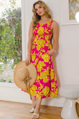 ODDI Full Size Floral Smocked Ruffled Midi Dress Hot Pink Multi / S