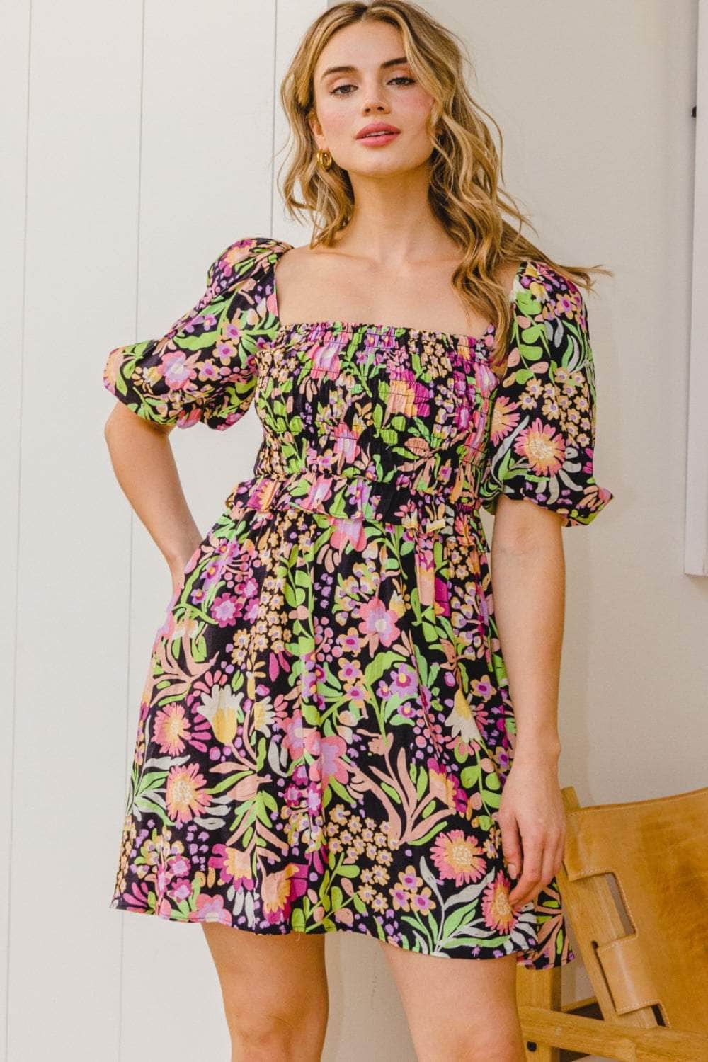 ODDI Full Size Floral Tie-Back Mini Dress Black Multi / S