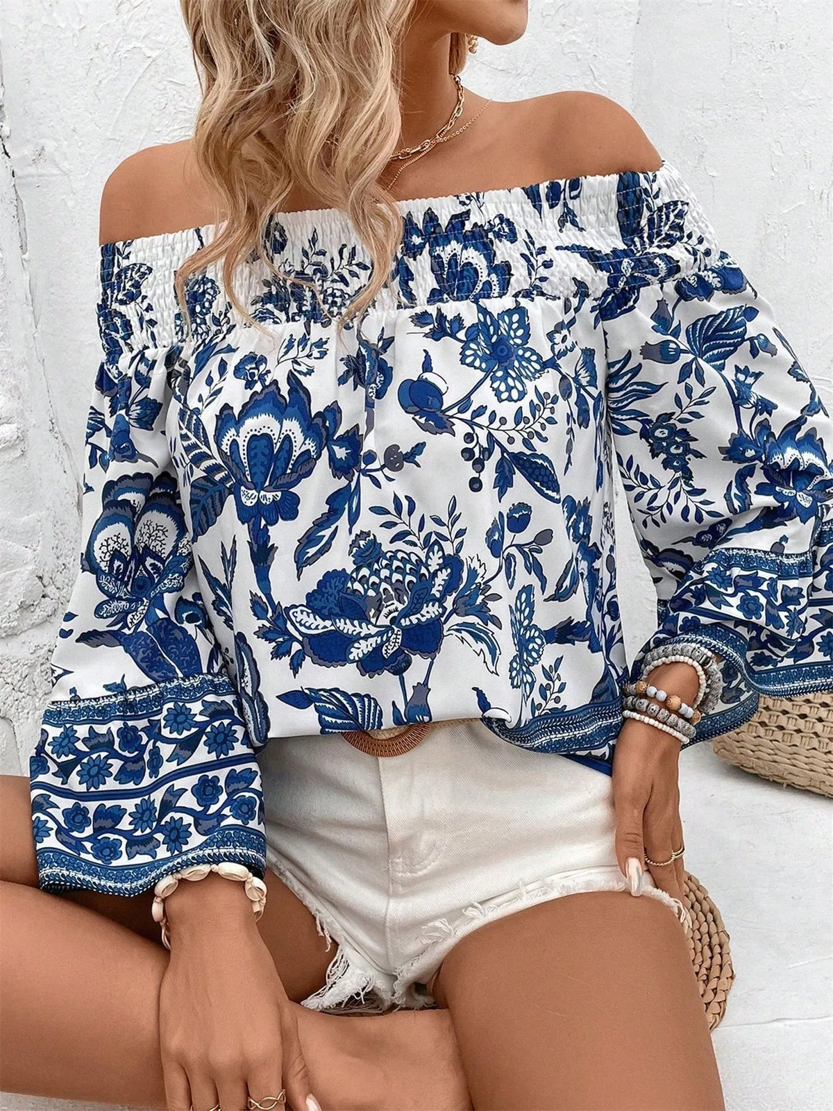 Off-Shoulder Floral Print Blouse Blue / S