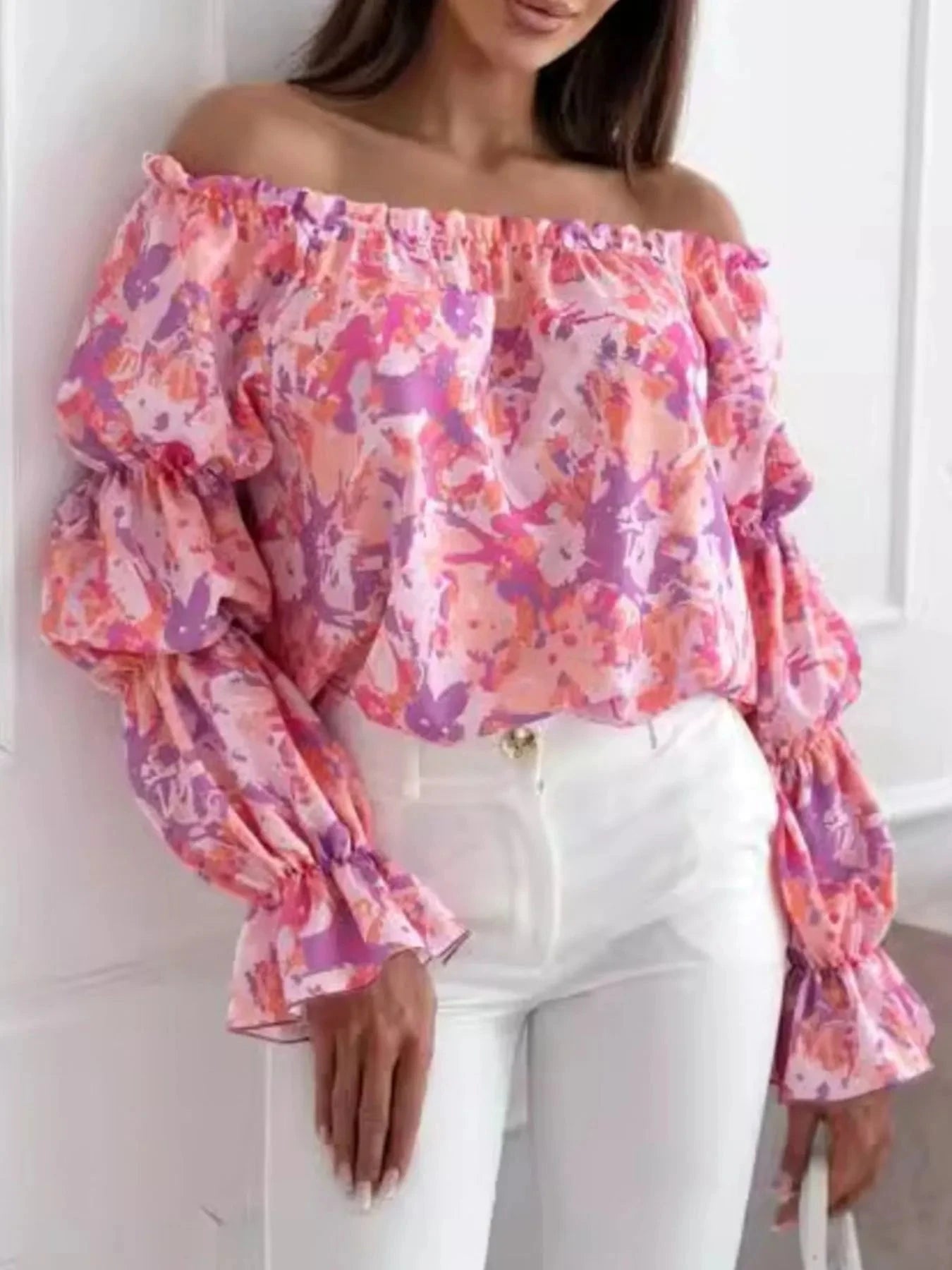 Off-Shoulder Floral Ruffle Blouse with Elastic Neckline