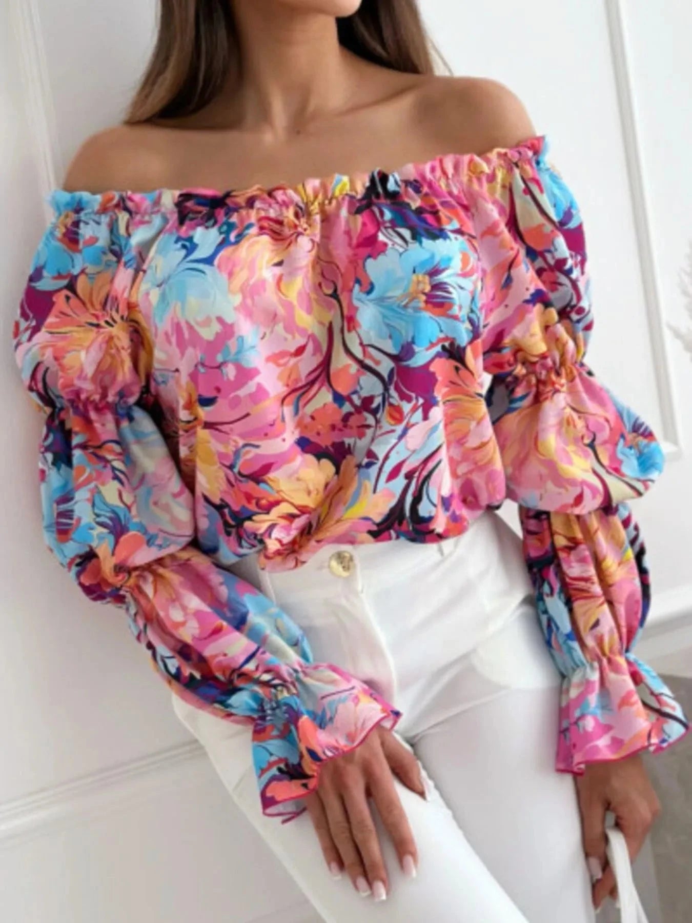 Off-Shoulder Floral Ruffle Blouse with Elastic Neckline