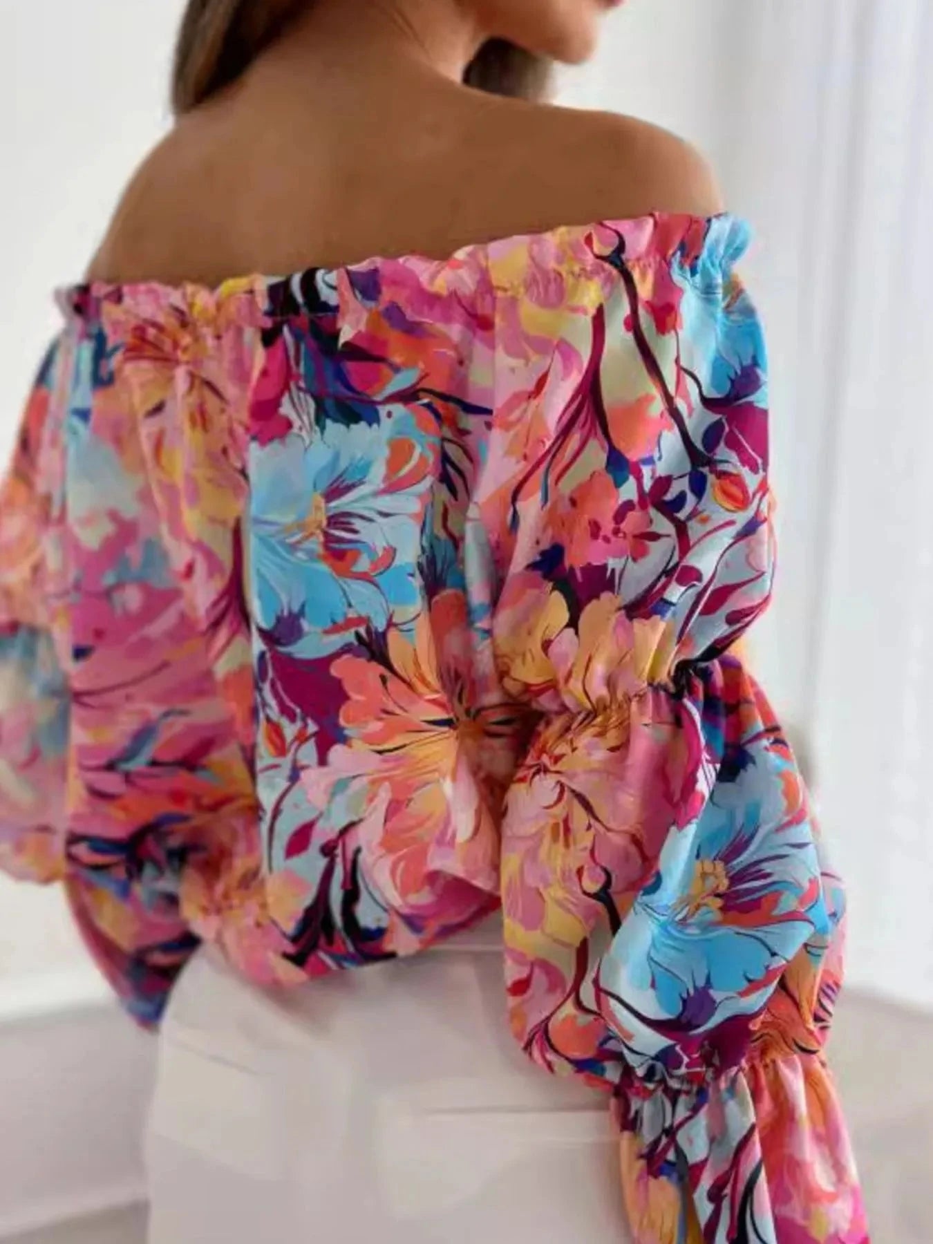 Off-Shoulder Floral Ruffle Blouse with Elastic Neckline