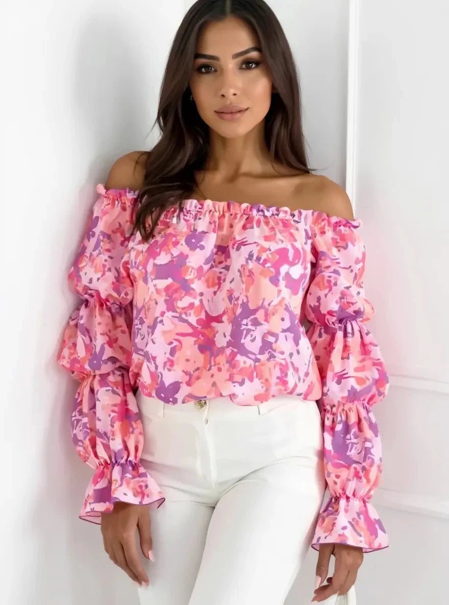 Off-Shoulder Floral Ruffle Blouse with Elastic Neckline Dusty Pink / S
