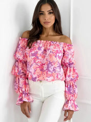 Off-Shoulder Floral Ruffle Blouse with Elastic Neckline Dusty Pink / S