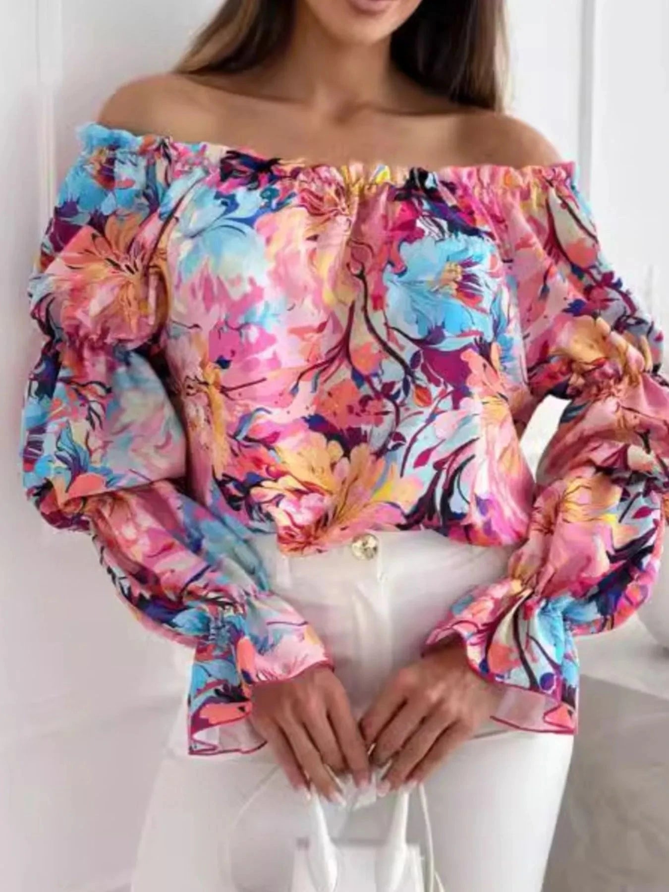 Off-Shoulder Floral Ruffle Blouse with Elastic Neckline Pastel  Blue / S