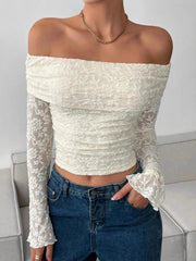 Off Shoulder Long Sleeve Lace Top Off-white / S