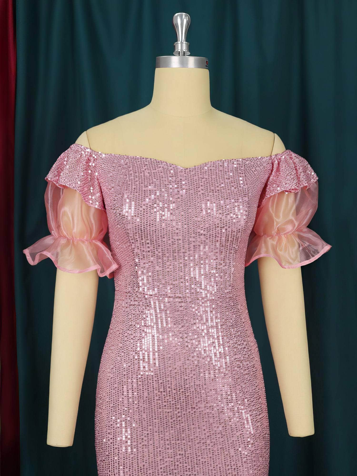 Off Shoulder Mesh Ruffled Sleeves Sequin Dress