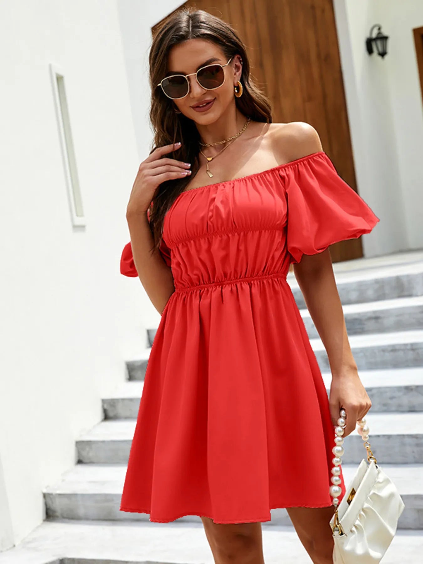 Off-Shoulder Puff Sleeve Mini Dress Deep Red / S