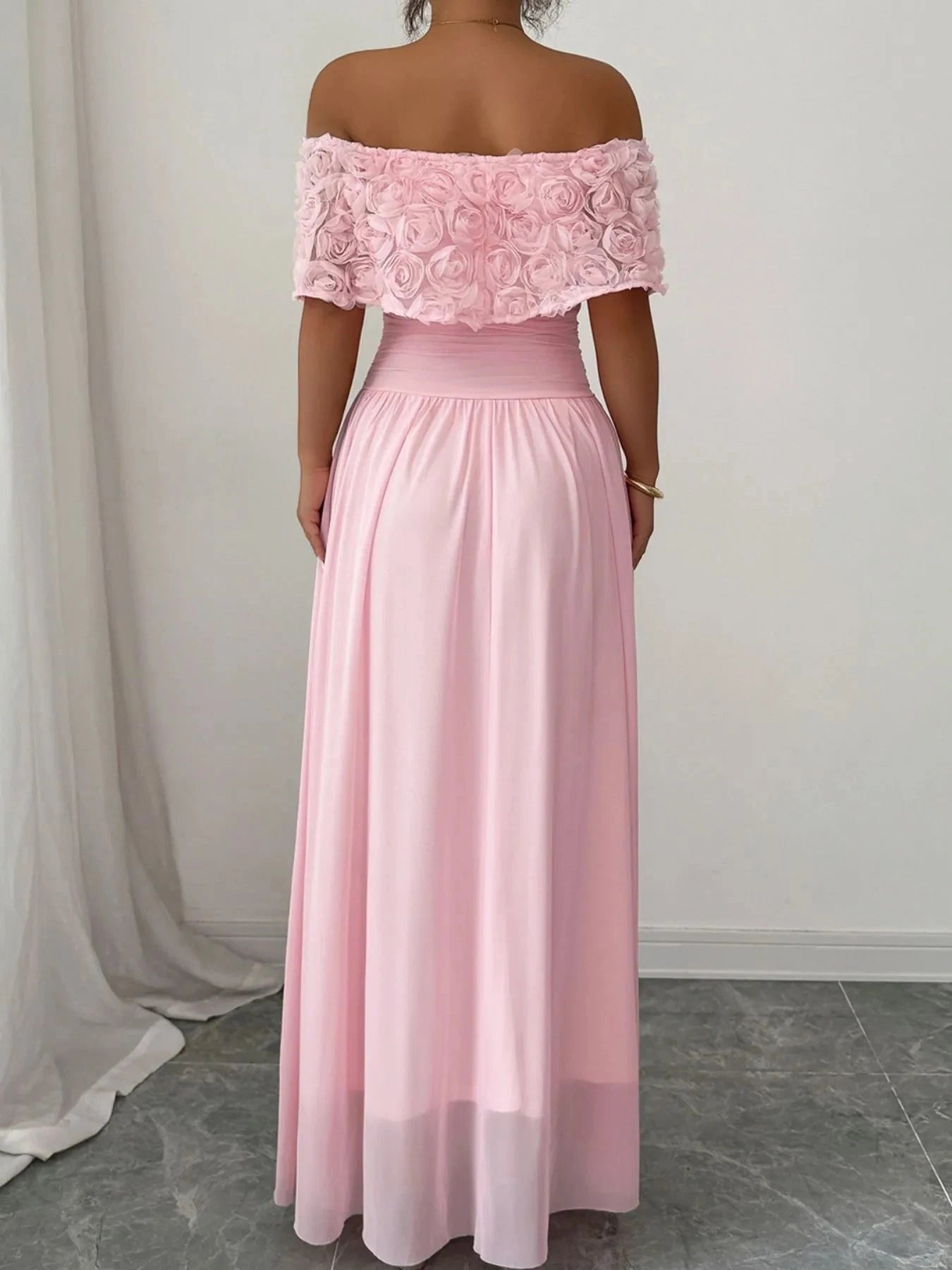 Off-Shoulder Rose Embellished Maxi Dress