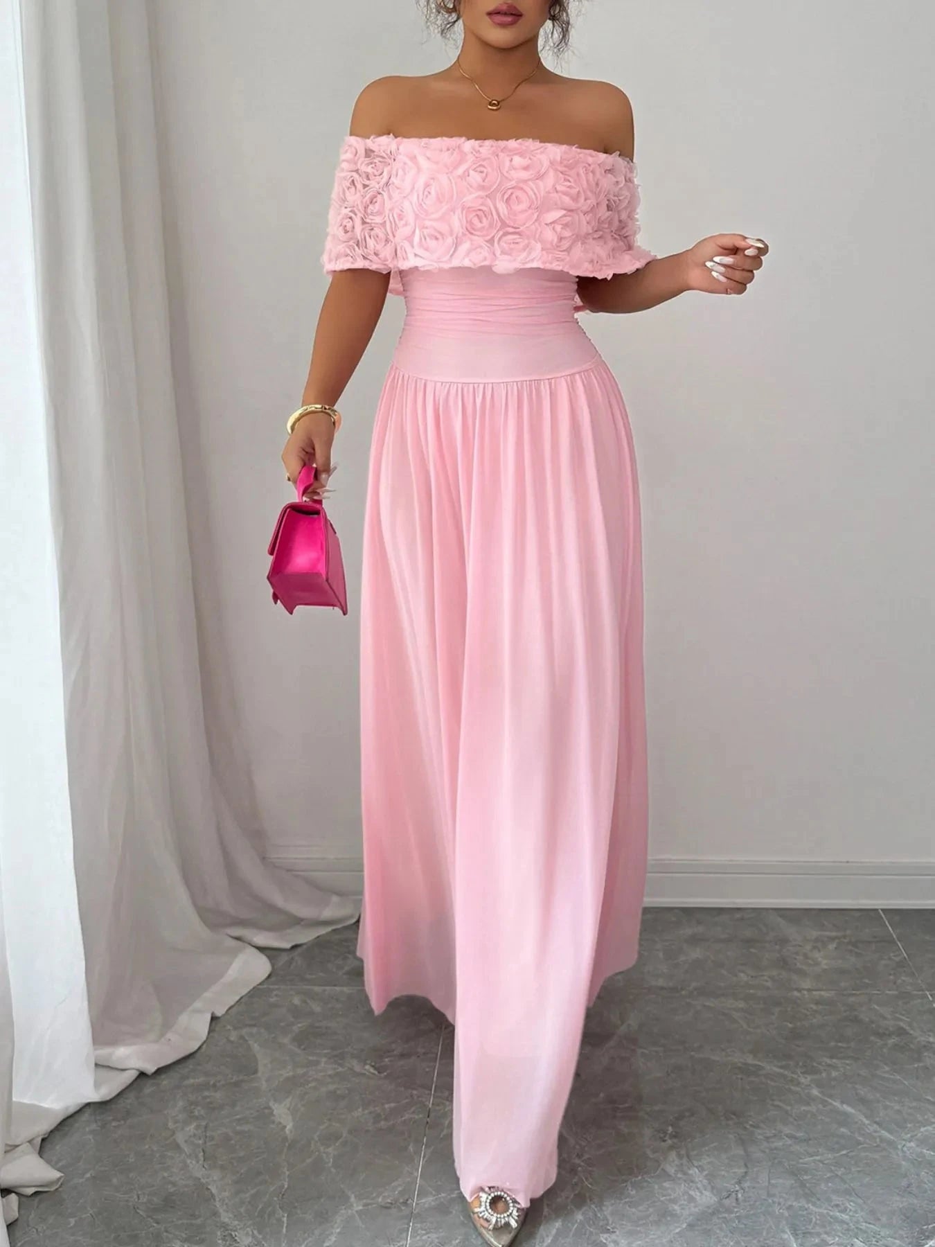 Off-Shoulder Rose Embellished Maxi Dress