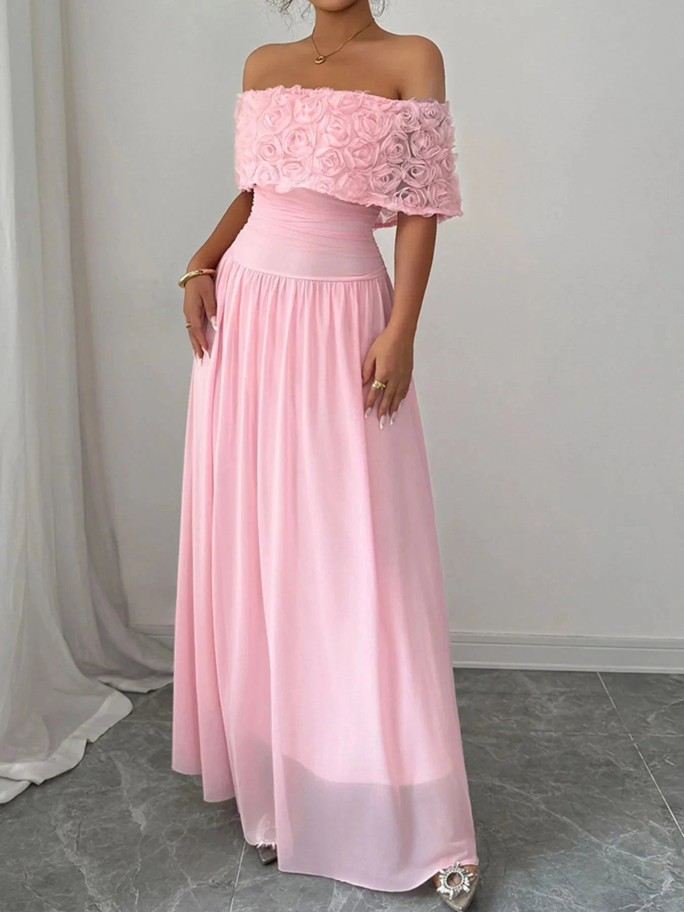 Off-Shoulder Rose Embellished Maxi Dress