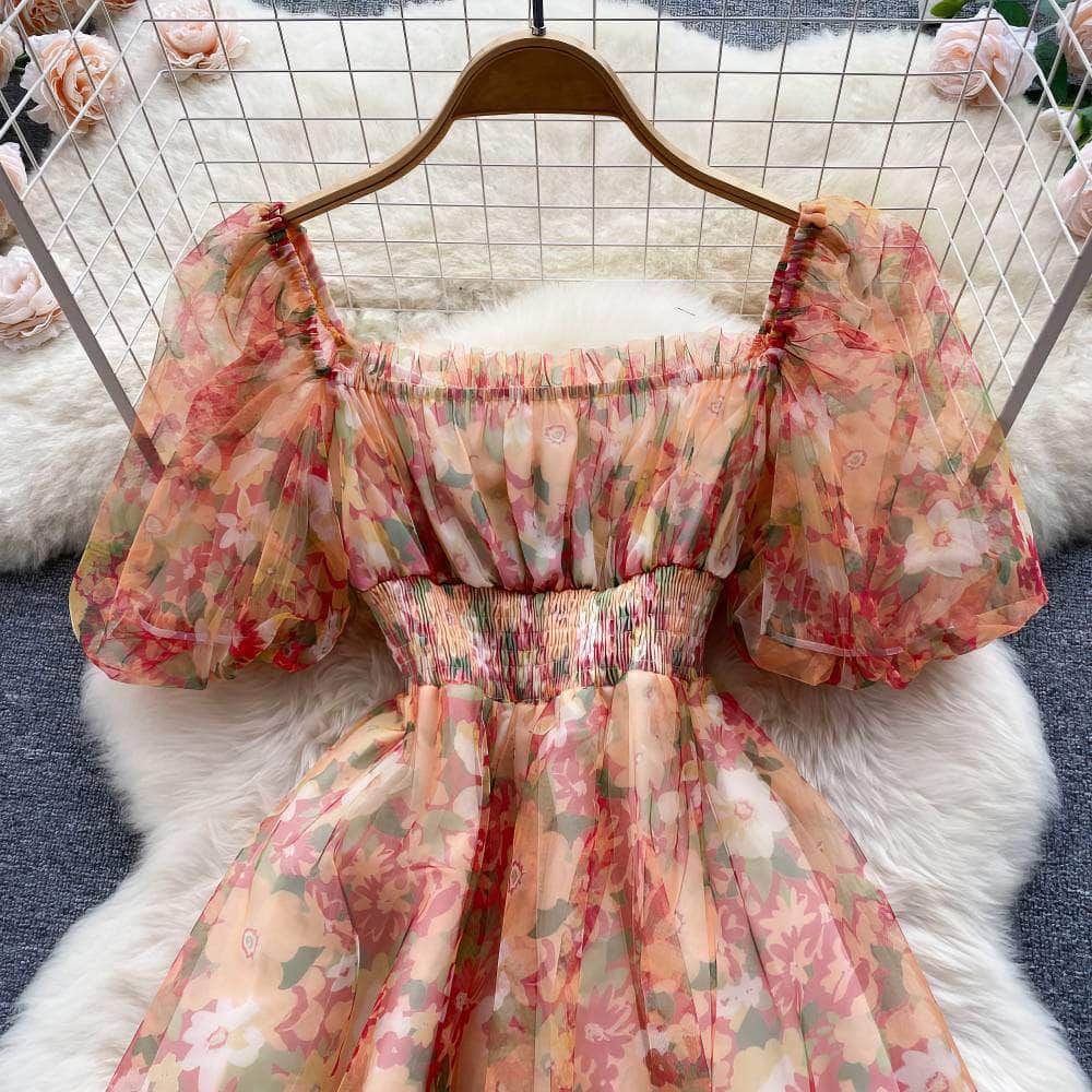 Off-Shoulder Ruched Floral Midi Pleated Mesh Dress