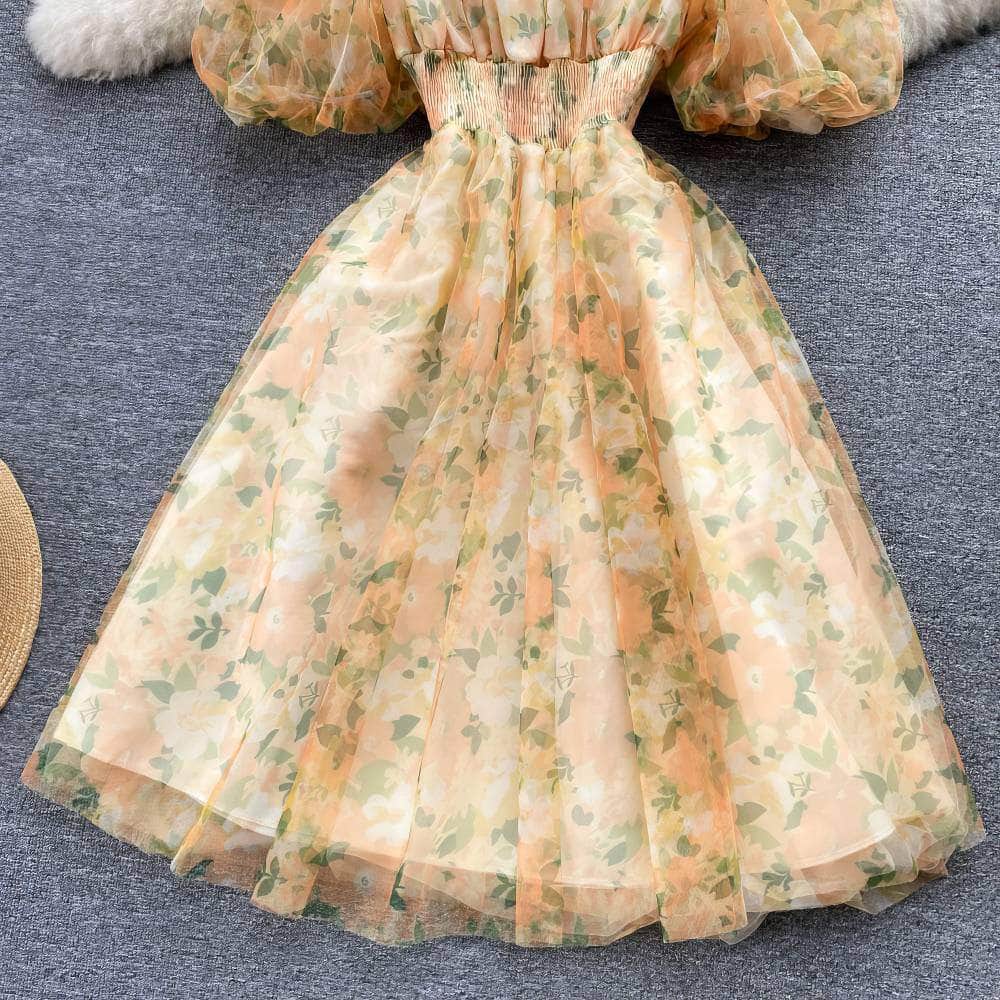Off-Shoulder Ruched Floral Midi Pleated Mesh Dress