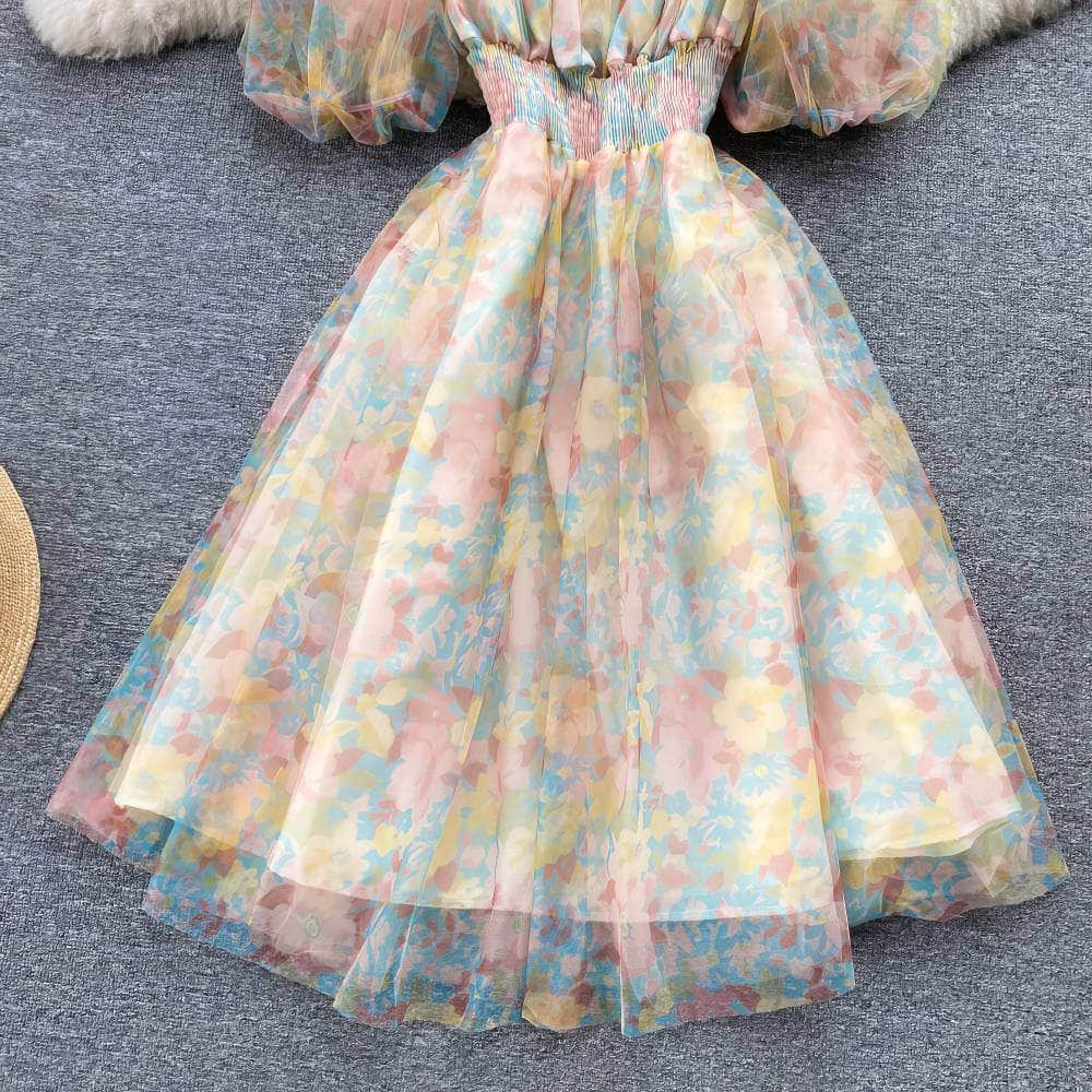 Off-Shoulder Ruched Floral Midi Pleated Mesh Dress