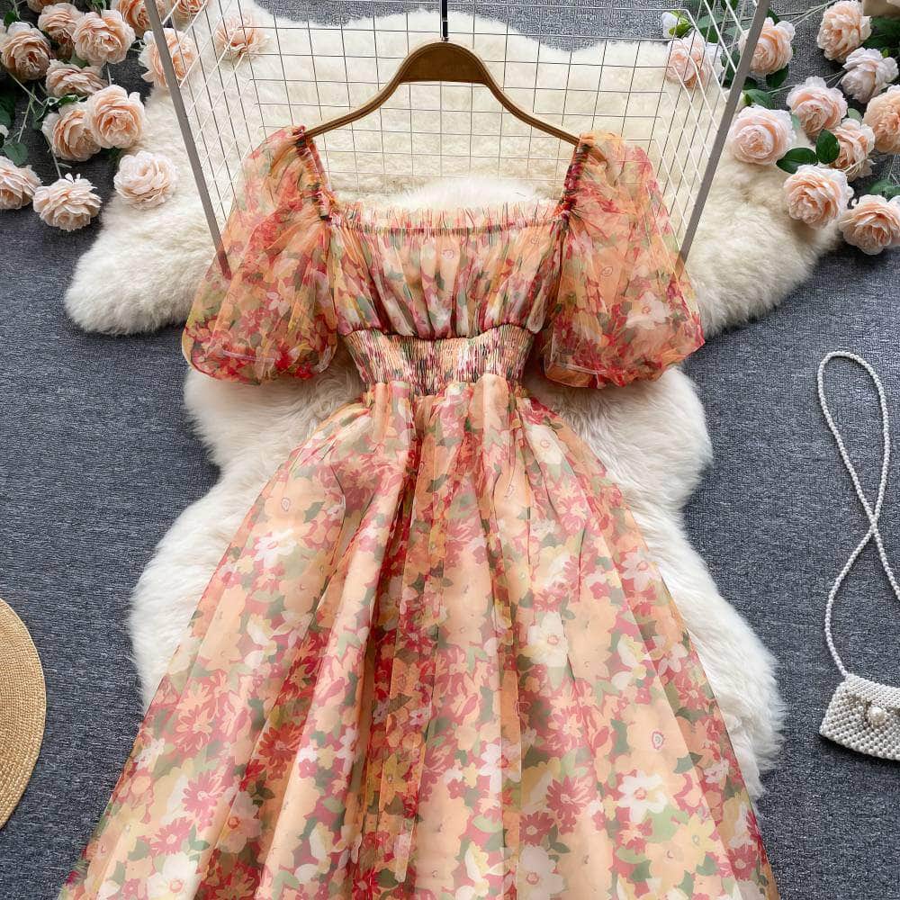 Off-Shoulder Ruched Floral Midi Pleated Mesh Dress