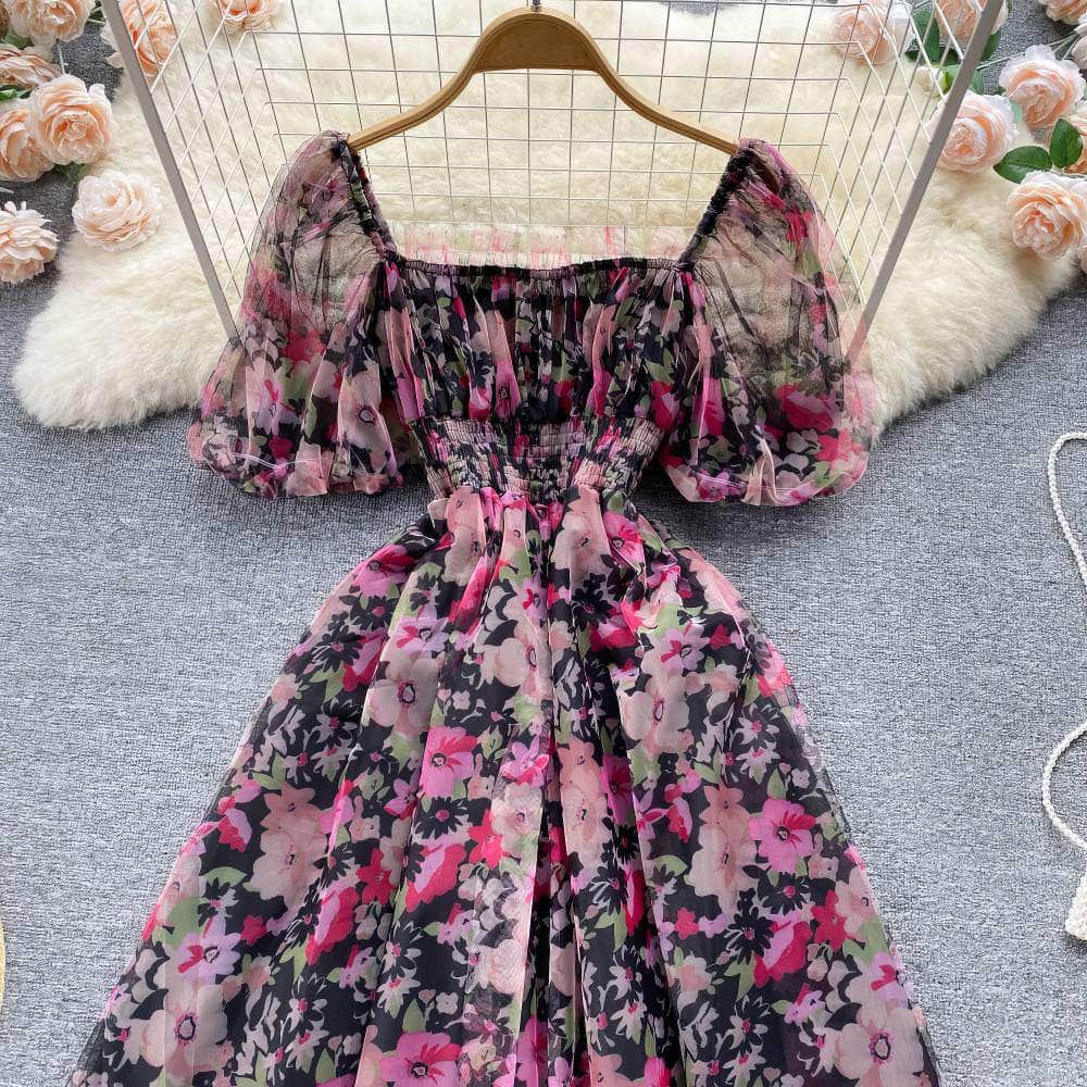 Off-Shoulder Ruched Floral Midi Pleated Mesh Dress