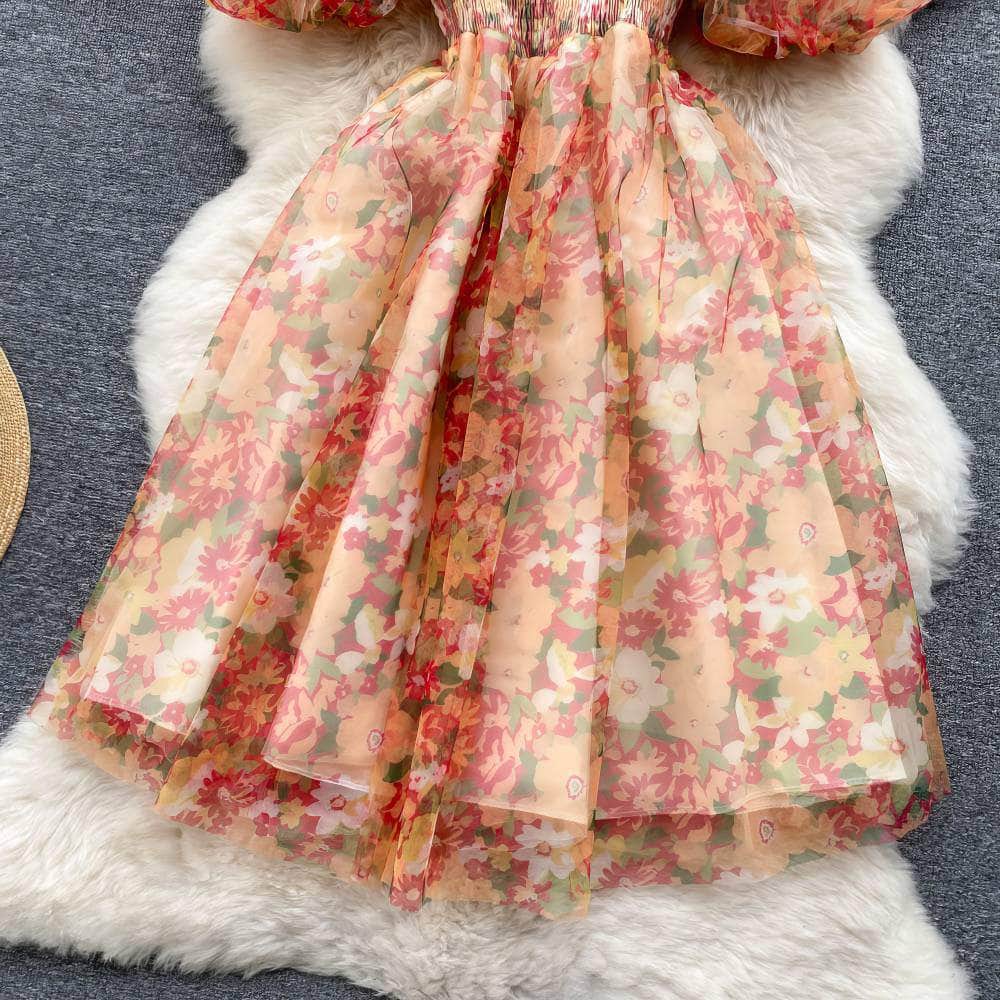Off-Shoulder Ruched Floral Midi Pleated Mesh Dress