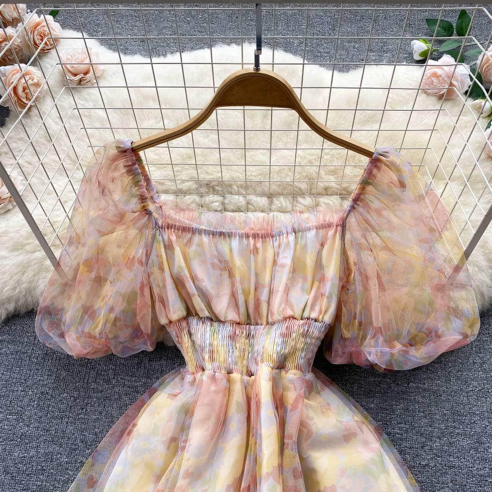 Off-Shoulder Ruched Floral Midi Pleated Mesh Dress
