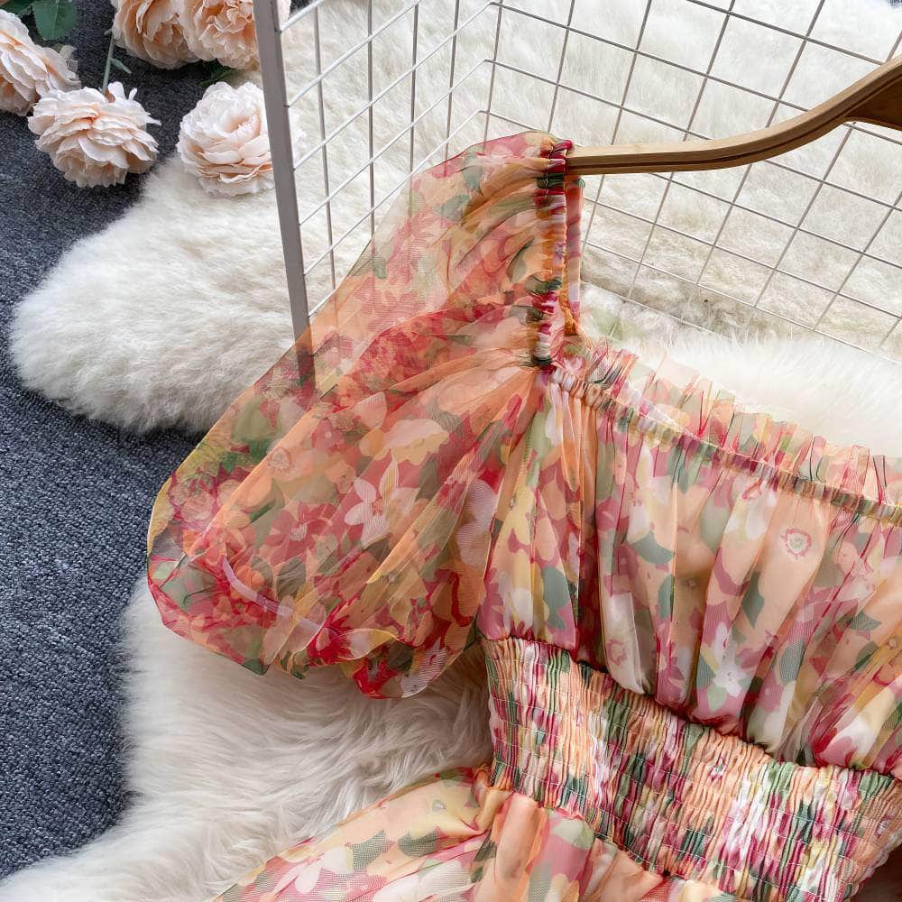 Off-Shoulder Ruched Floral Midi Pleated Mesh Dress