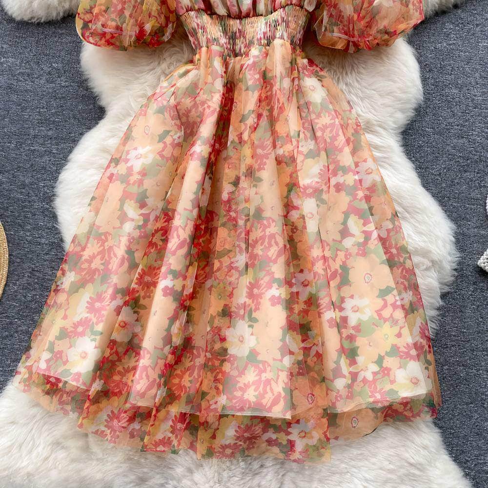 Off-Shoulder Ruched Floral Midi Pleated Mesh Dress