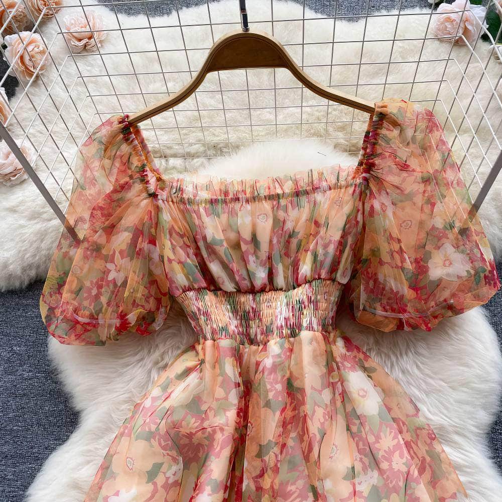 Off-Shoulder Ruched Floral Midi Pleated Mesh Dress