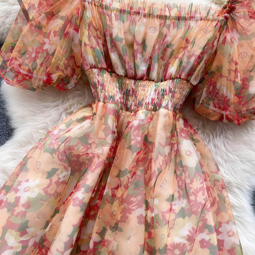 Off-Shoulder Ruched Floral Midi Pleated Mesh Dress