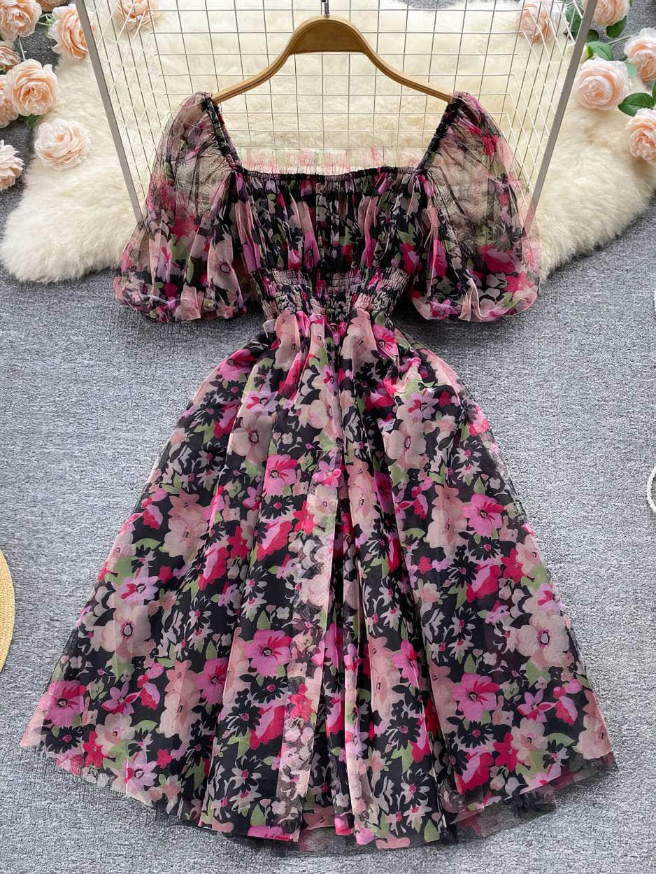 Off-Shoulder Ruched Floral Midi Pleated Mesh Dress MAX SIZE / Black