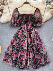 Off-Shoulder Ruched Floral Midi Pleated Mesh Dress MAX SIZE / Black