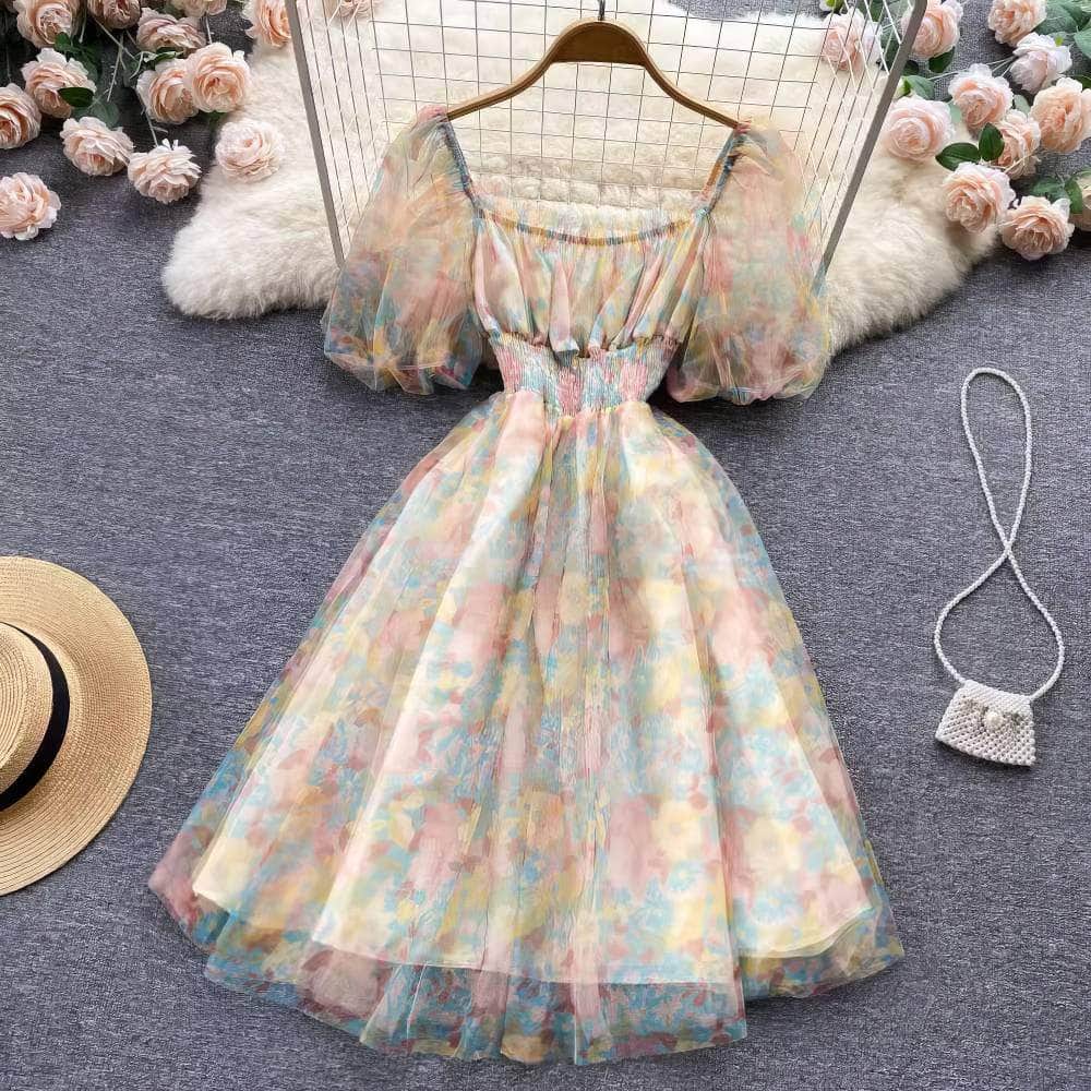 Off-Shoulder Ruched Floral Midi Pleated Mesh Dress MAX SIZE / Blue