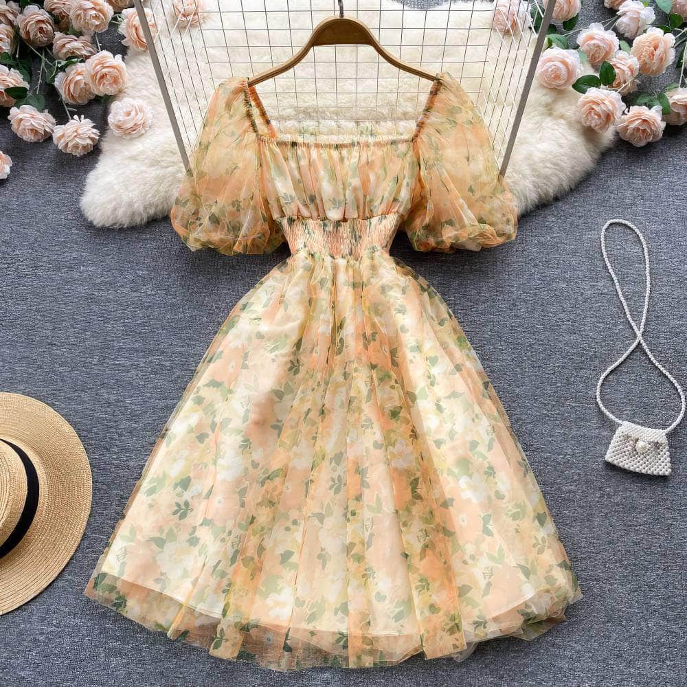 Off-Shoulder Ruched Floral Midi Pleated Mesh Dress MAX SIZE / Green