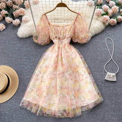 Off-Shoulder Ruched Floral Midi Pleated Mesh Dress MAX SIZE / Pink