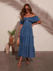 Off Shoulder Ruffle Tiered Denim Dress Dark Blue / S