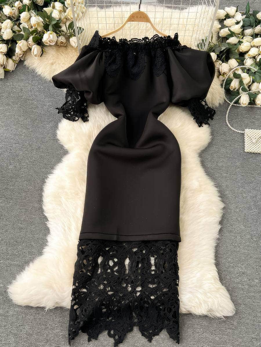 Off-shoulder Ruffled Exaggerated Sleeves Scalloped Dress M / Black