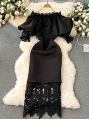 Off-shoulder Ruffled Exaggerated Sleeves Scalloped Dress M / Black