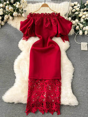 Off-shoulder Ruffled Exaggerated Sleeves Scalloped Dress M / DarkRed