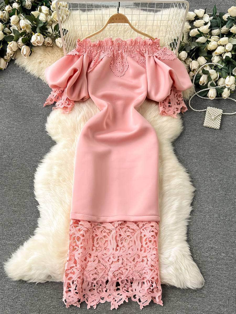 Off-shoulder Ruffled Exaggerated Sleeves Scalloped Dress M / Pink