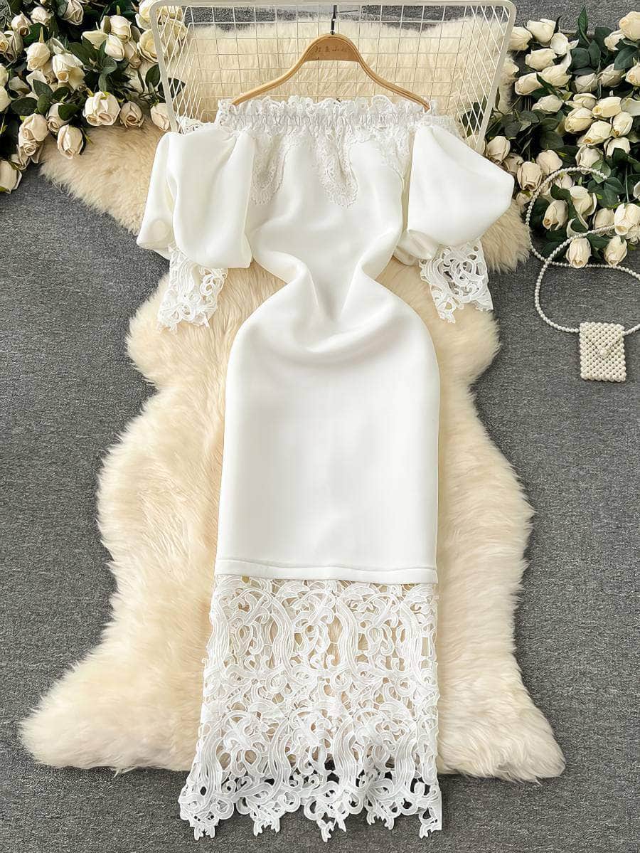 Off-shoulder Ruffled Exaggerated Sleeves Scalloped Dress M / White