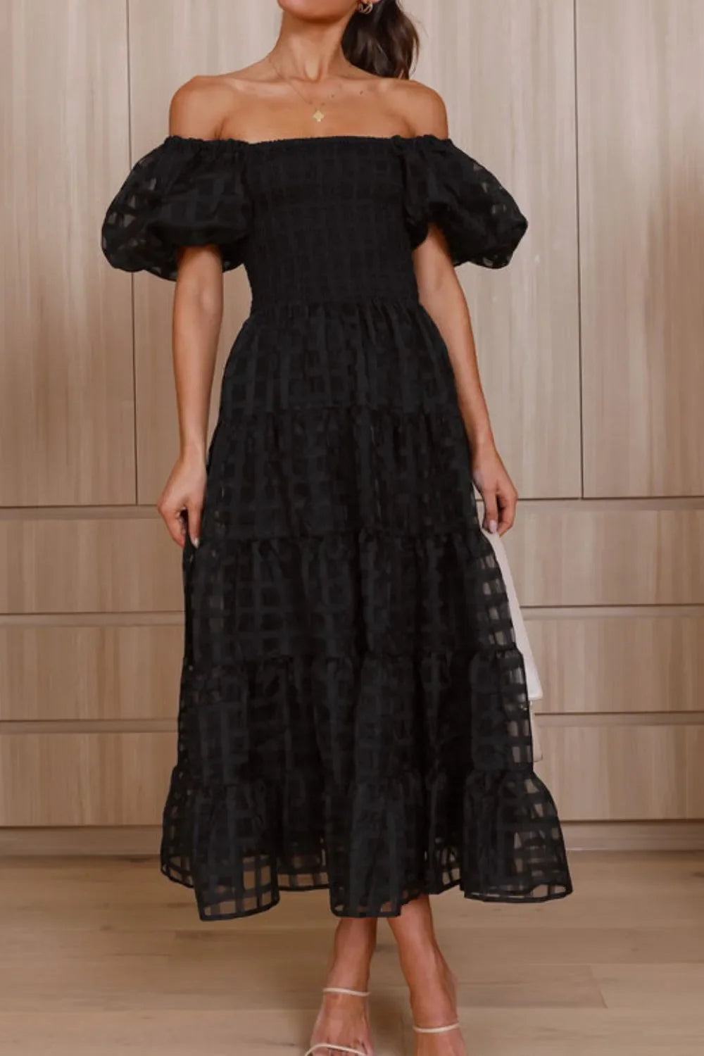 Off Shoulder Short Puff Sleeve Midi Dress Black / S